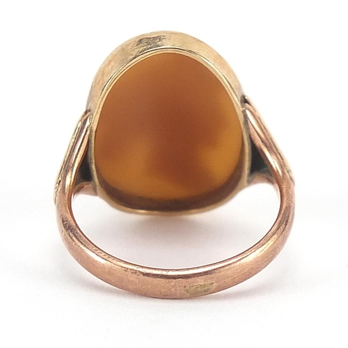 1906 - 9ct gold cameo maiden head ring, size K, 3.5g