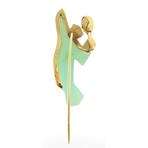 1973 - Modernist 14ct gold green and red stone tennis stick pin, 4.5cm high, 7.9g