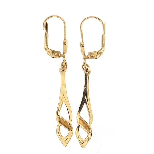 2105 - Pair of 9ct gold drop earrings, 4cm high, 1.7g