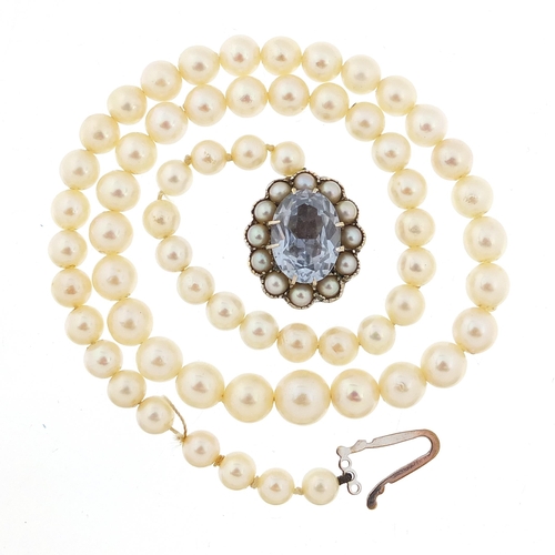 2194 - Cultured pearl necklace with 9ct white gold aquamarine clasp, 45cm in length, 36.2g