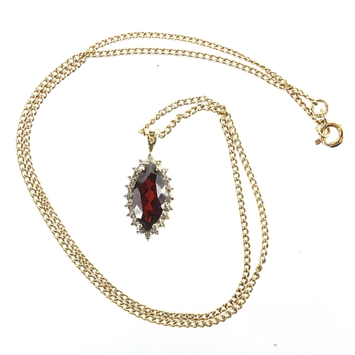 1847 - 9ct gold garnet and diamond cluster pendant on a 9ct gold necklace, 2.5cm high and 45cm in length, 5... 