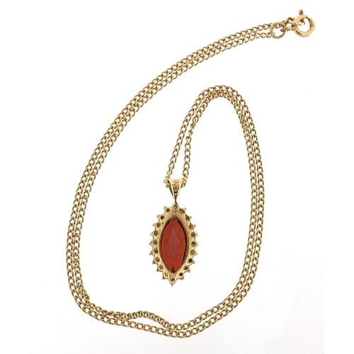 1847 - 9ct gold garnet and diamond cluster pendant on a 9ct gold necklace, 2.5cm high and 45cm in length, 5... 