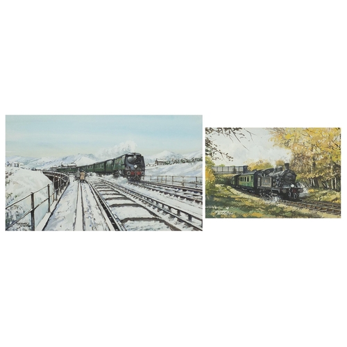 1077 - Bernard Jones - On Meldon Viaduct and one other, two railway interest oils, each mounted, framed and... 