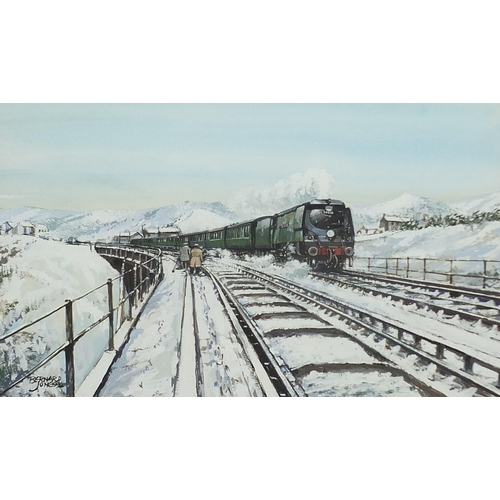 1077 - Bernard Jones - On Meldon Viaduct and one other, two railway interest oils, each mounted, framed and... 