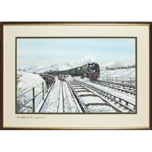 1077 - Bernard Jones - On Meldon Viaduct and one other, two railway interest oils, each mounted, framed and... 