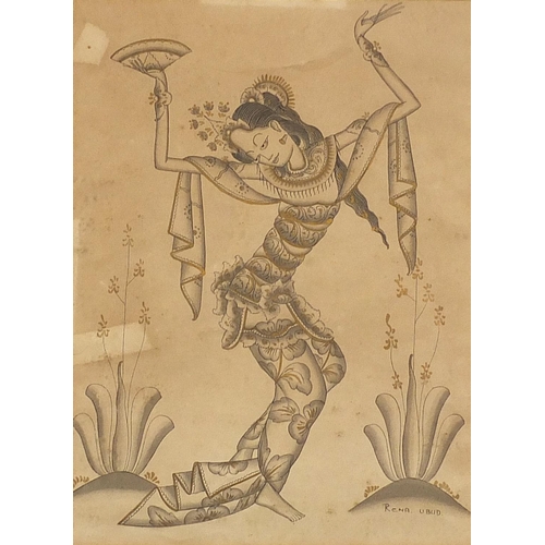 1163 - Figures dancing, pair of Balinese watercolours, mounted, framed and glazed, each 33.5cm x 25cm exclu... 