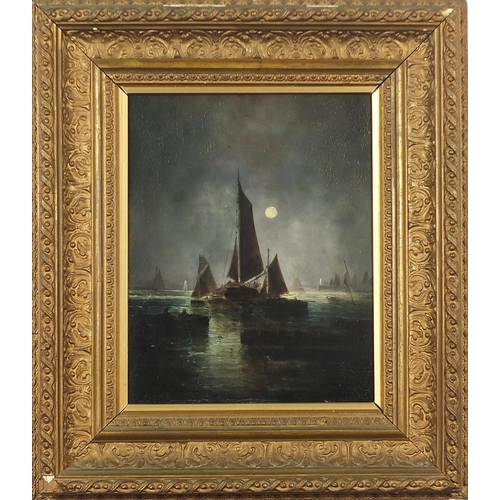 1415 - Moonlit seascape with boats, oil on board, mounted and framed, 24.5cm x 19cm excluding the mount and... 