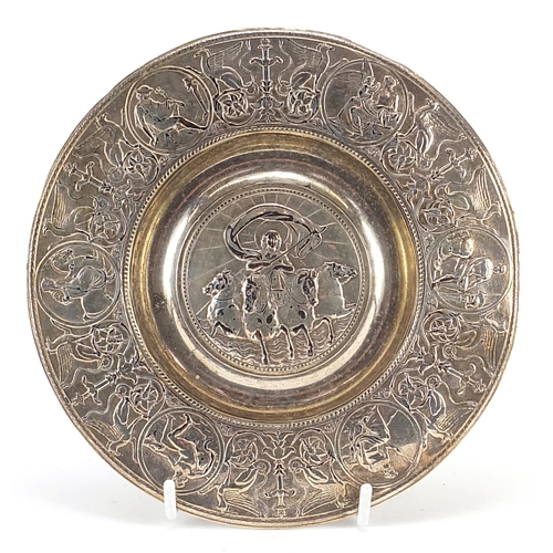 125 - Elkington & Co, Egyptian revival silver plated inkwell decorated in low relief with classical figure... 