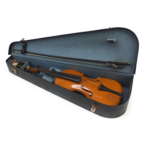 1112 - Old wooden violin bearing a Stradivarius label and violin bow impressed Lupot with case, the violin ... 