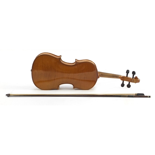 1112 - Old wooden violin bearing a Stradivarius label and violin bow impressed Lupot with case, the violin ... 