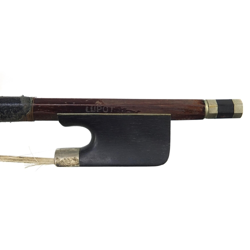 1112 - Old wooden violin bearing a Stradivarius label and violin bow impressed Lupot with case, the violin ... 