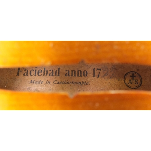 1112 - Old wooden violin bearing a Stradivarius label and violin bow impressed Lupot with case, the violin ... 