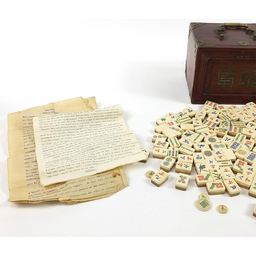 1484 - Chinese bone and bamboo Mahjong set housed in a hardwood case with brass mounts, the case 15.5cm H x... 