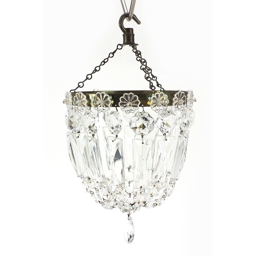 584 - Pair of brass bag chandeliers with cut glass drops, 17.5cm in diameter