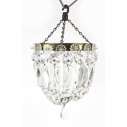 584 - Pair of brass bag chandeliers with cut glass drops, 17.5cm in diameter