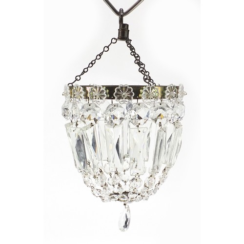 584 - Pair of brass bag chandeliers with cut glass drops, 17.5cm in diameter