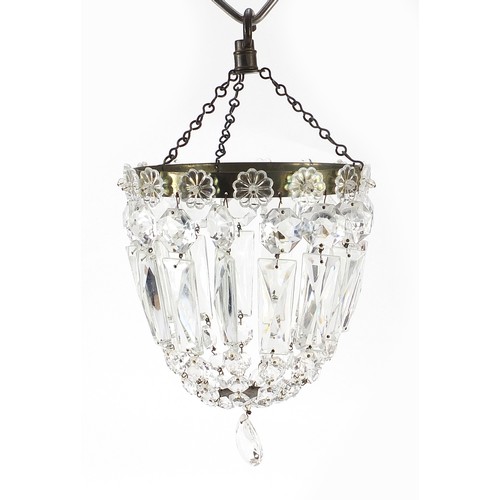 584 - Pair of brass bag chandeliers with cut glass drops, 17.5cm in diameter