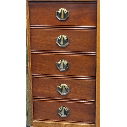 840 - Manner of Heals, Art Deco oak desk with lift of glass top and two doors enclosing drawers and shelf ... 