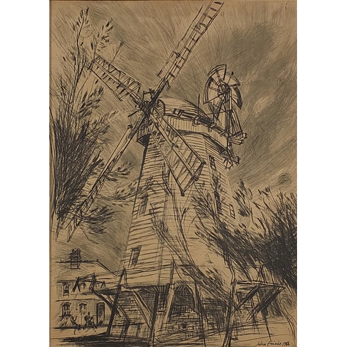 1413 - Street scenes and windmill, set of three 1960s prints, one in colour, framed, each 80cm x 58cm exclu... 