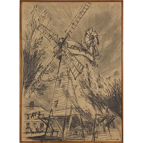 1413 - Street scenes and windmill, set of three 1960s prints, one in colour, framed, each 80cm x 58cm exclu... 