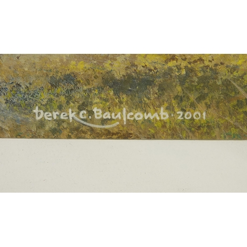 609 - Derek C Baulcomb 2001 - Three geese flying above water, mixed media, mounted, framed and glazed, 48.... 