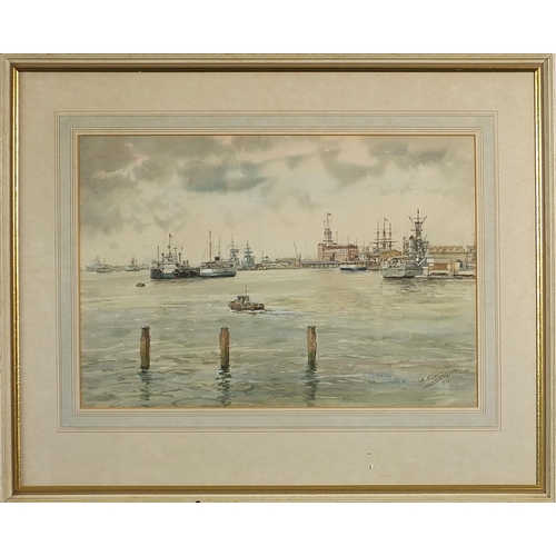 1407 - Harbour scene with boats, 1970s watercolour, indistinctly signed, possibly A Nikol... ?, mounted, fr... 