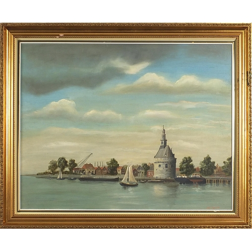 1397 - James Murray - Hoorne on the Zuiderzee, oil on board, Hornchurch Fine Art label verso, mounted and f... 