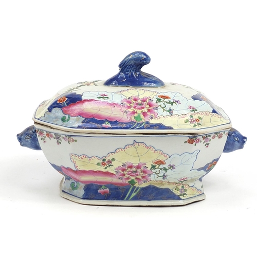 197 - Chinese wucai porcelain tureen and cover with twin handles hand painted with flowers, 35cm wide