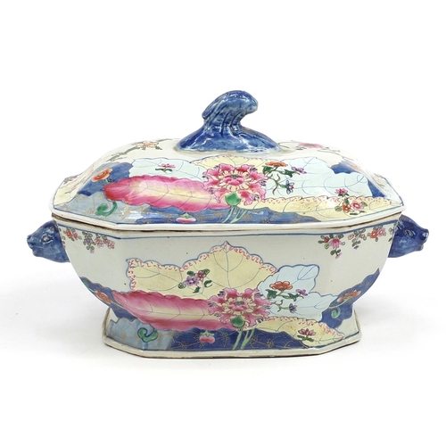 196 - Chinese wucai porcelain tureen and cover with twin handles hand painted with flowers, 35cm wide