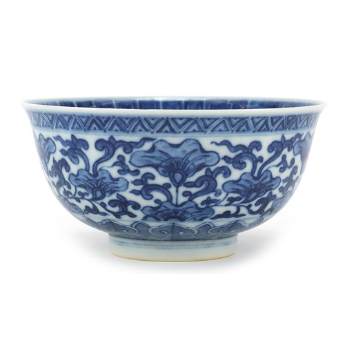22 - Chinese blue and white porcelain bowl hand painted with flowers, six figure character marks to the b... 