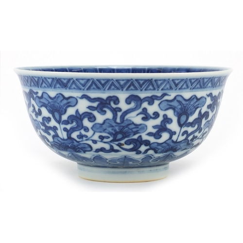 22 - Chinese blue and white porcelain bowl hand painted with flowers, six figure character marks to the b... 