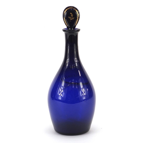 46 - 18th/19th century Bristol blue glass decanter with gilt decoration, inscribed Hollands, 23cm high
