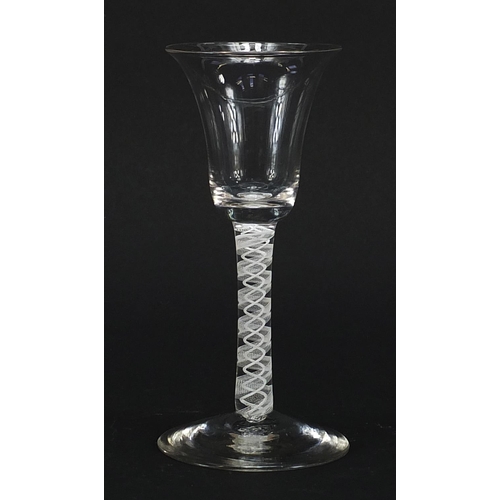 42 - 18th century wine glass with bell shaped bowl and multiple opaque twist stem, 16cm high