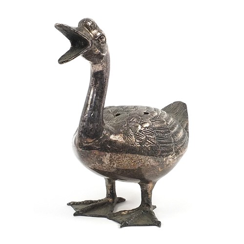 384 - Fondica, French silver plated sculpture of a duck, 26cm high