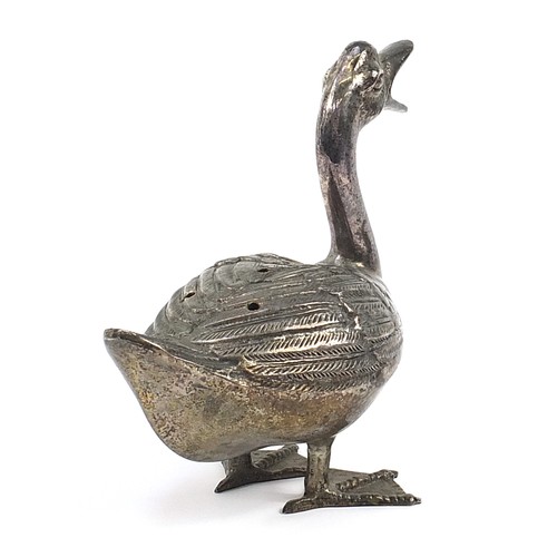 384 - Fondica, French silver plated sculpture of a duck, 26cm high