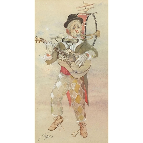 1200 - One man band and four figures, pair of heightened watercolours, indistinctly signed, possibly John K... 