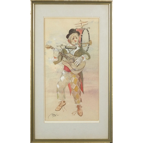 1200 - One man band and four figures, pair of heightened watercolours, indistinctly signed, possibly John K... 