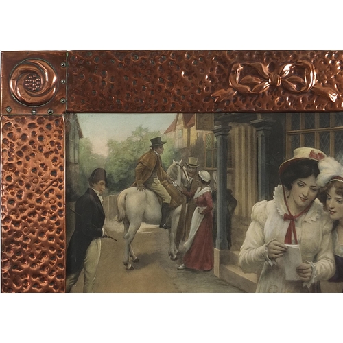 111 - Manner of Liberty & Co, Arts & Crafts beaten copper frame embossed the love letter housing a coloure... 