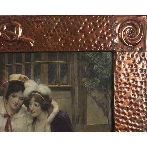 111 - Manner of Liberty & Co, Arts & Crafts beaten copper frame embossed the love letter housing a coloure... 