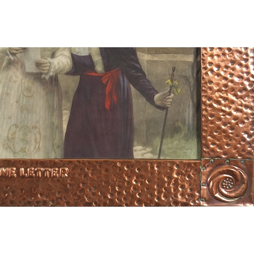 111 - Manner of Liberty & Co, Arts & Crafts beaten copper frame embossed the love letter housing a coloure... 