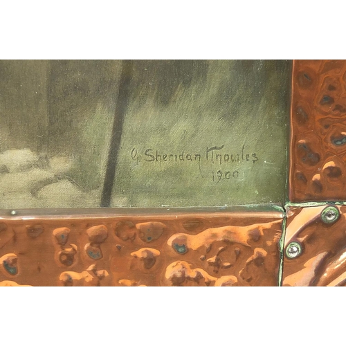 111 - Manner of Liberty & Co, Arts & Crafts beaten copper frame embossed the love letter housing a coloure... 