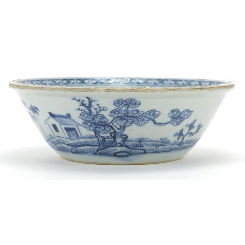 145 - Chinese blue and white porcelain bowl hand painted with a river landscape and flowers, 15cm in diame... 