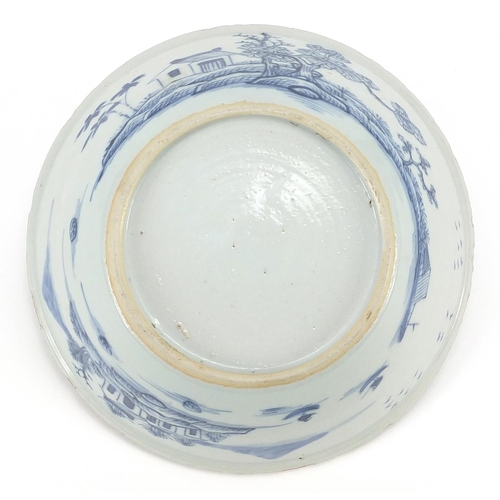 145 - Chinese blue and white porcelain bowl hand painted with a river landscape and flowers, 15cm in diame... 