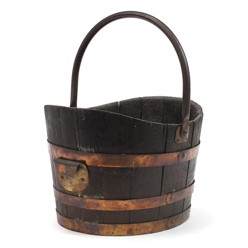 29 - World War I Naval interest copper bound teak coal bucket with swing handle with plaque made from the... 