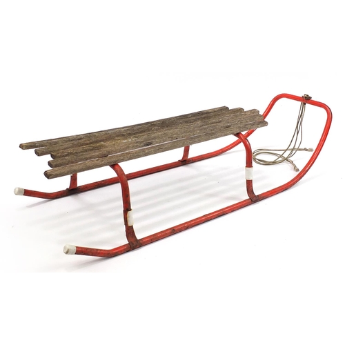 1166 - Vintage painted metal and wood sleigh, 100cm in length