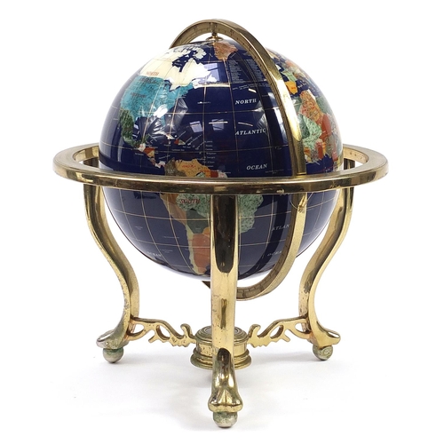 929A - Large gilt brass semi precious stone rotating table globe with compass to the base, 49cm high