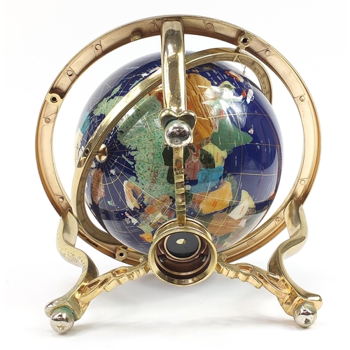 929A - Large gilt brass semi precious stone rotating table globe with compass to the base, 49cm high