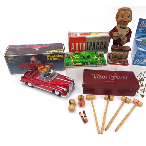 1505 - Vintage toys, some with boxes including tinplate bar tender, Chad Valley table croquet and Russian m... 