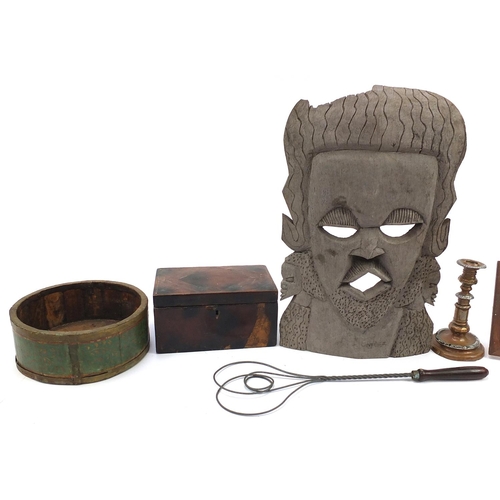 1098 - Sundry items including large African carved wood wall mask, Victorian workbox and painted glass Russ... 