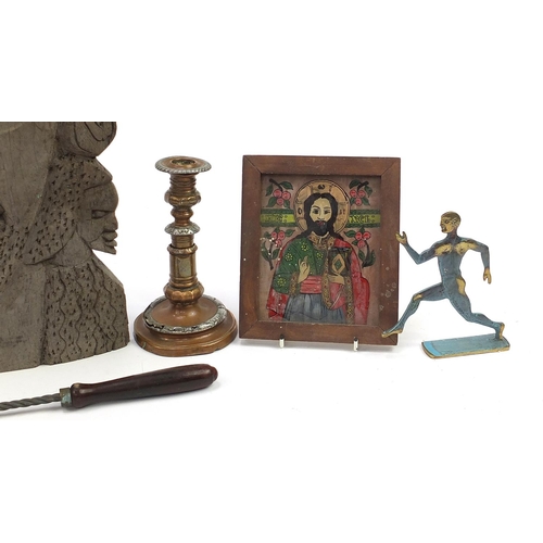 1098 - Sundry items including large African carved wood wall mask, Victorian workbox and painted glass Russ... 